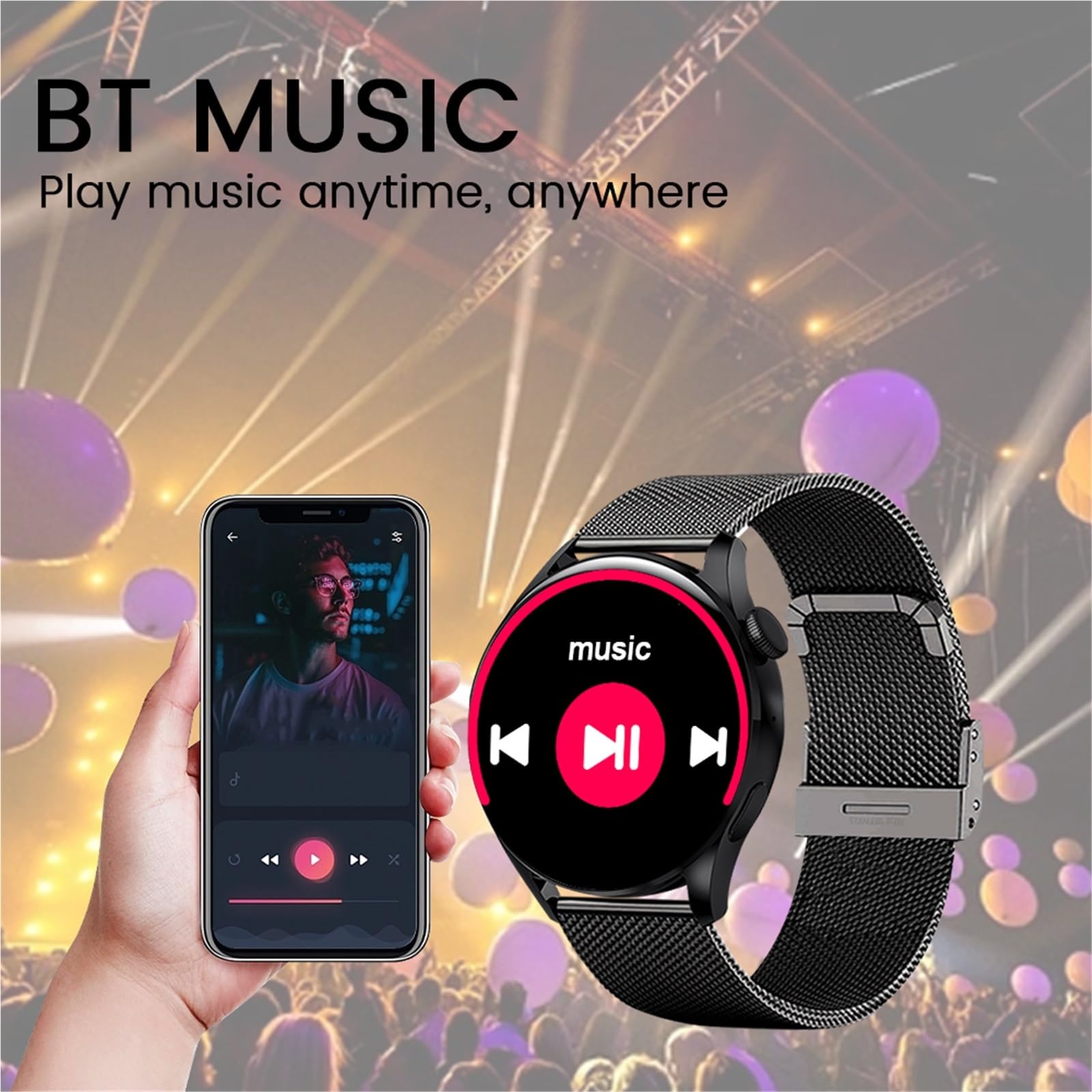 Inteligentny zegarek Bluetooth przypomnienie o połączeniach kroki śledzenie kalorii monitorowanie tętna okrągły inteligentny zegarek (czarny-BK)