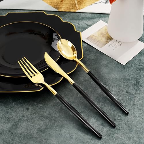 Miniatura 4 de Supernal El juego de vajilla de plástico dorado de 150 piezas incluye platos desechables negros resistentes, cubiertos de plástico negro y dorado