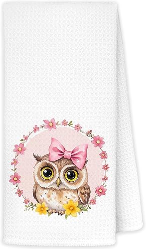 JINYO Coquette Pink Bow Floral Wreath Owl Kitchen Towels, Gifts for Owls Lovers 