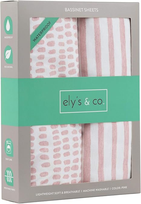 Ely%27s %26 Co. Nursery,Bedding,Bassinet & Cradle Bedding,Sheets Ely's & Co. Waterproof Bassinet Sheet,No Need for Bassinet Mattress Pad Cover, 2 Pack Mauve Pink Splash & Stripes,for Baby Girl