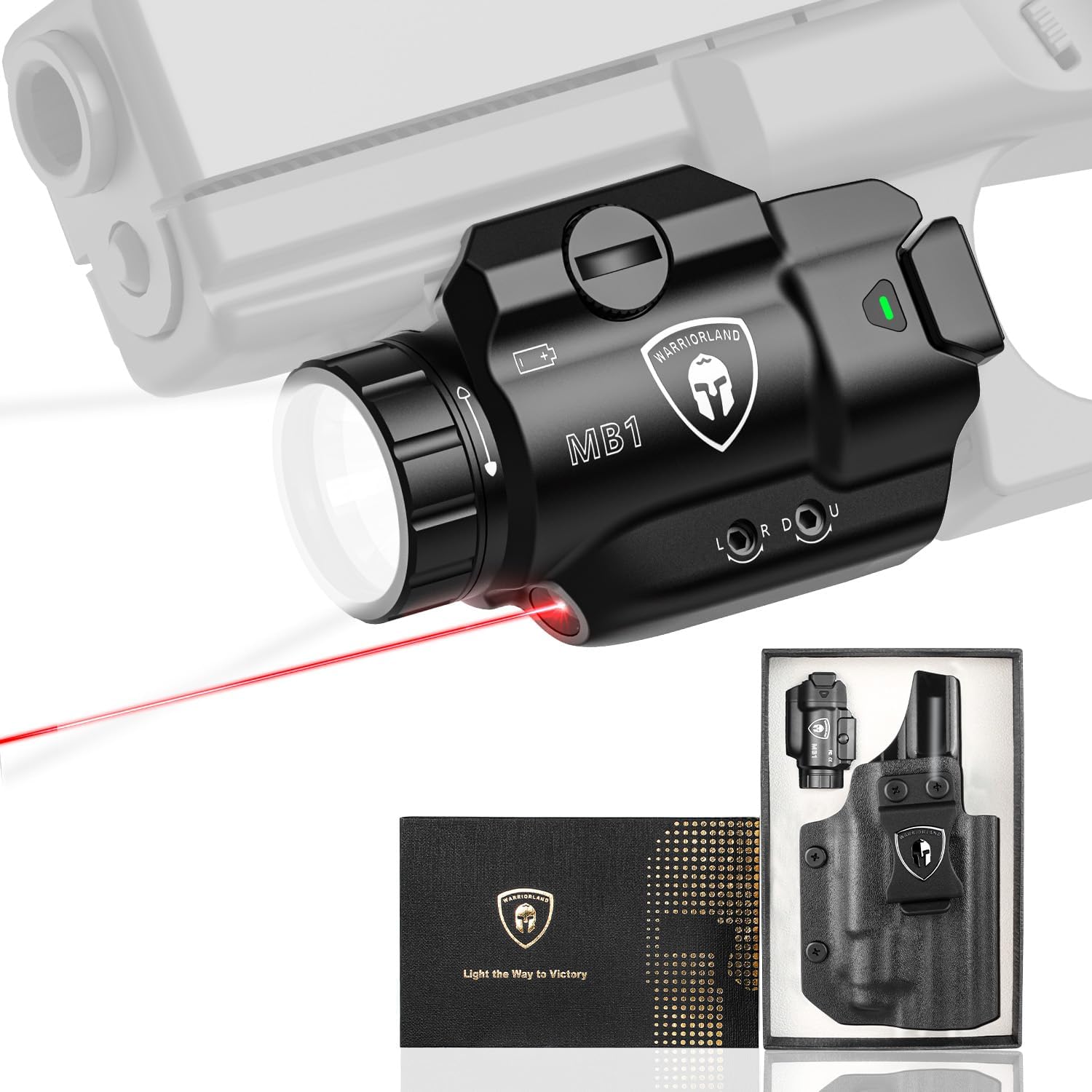 WARRIORLAND MB1 Pistol Light and Kydex Holster, Fit for S&W M&P 9 M2.0/M1.0 Compact 4.0'' Barrel, 500-Lumen Universal Rail Mounted Tactical Weapon Light with Red Laser & White LED, Power Indicator