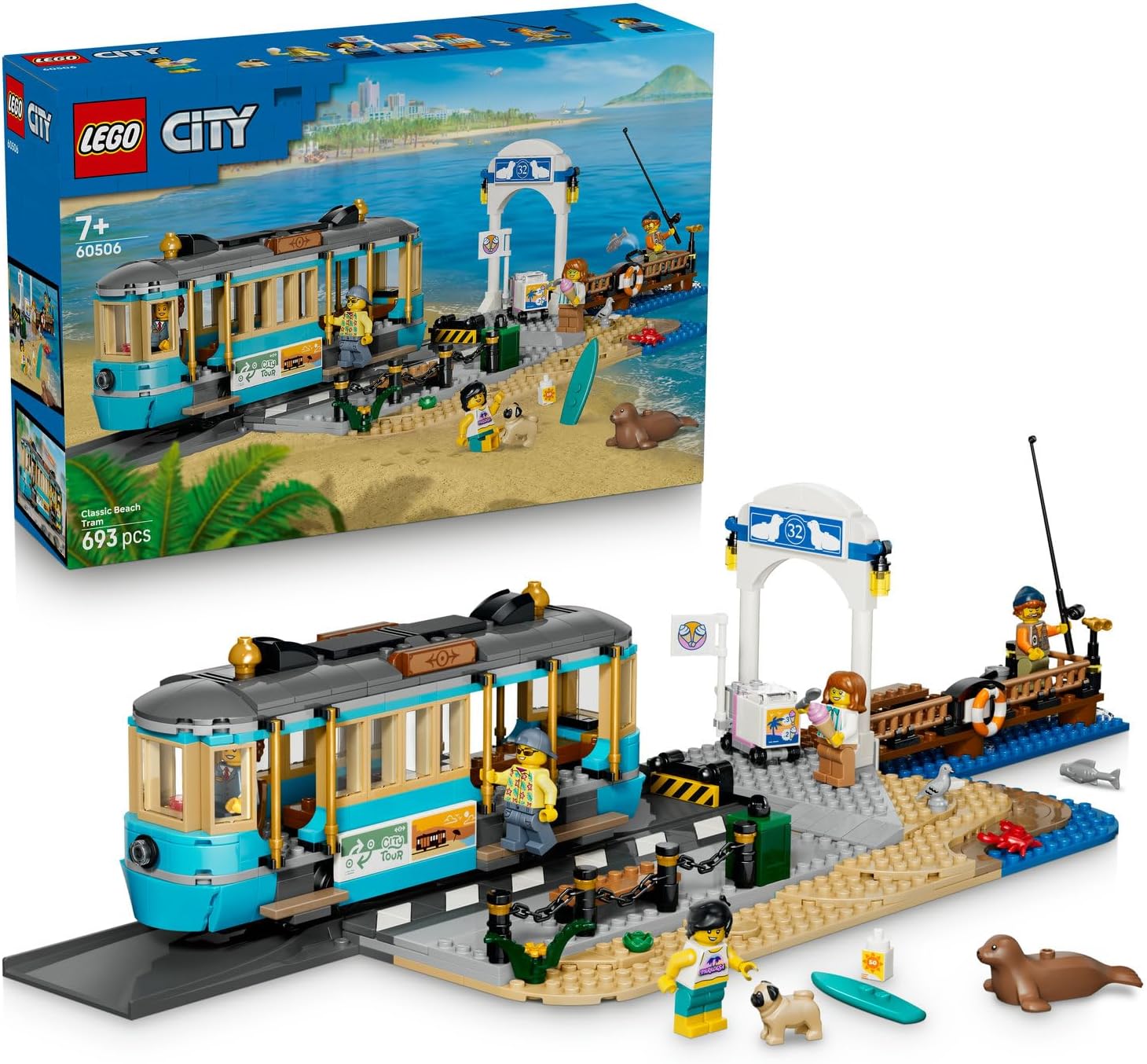 LEGO City Klasik Plaj Tramvayı 60506-7 Yaş ve Üzeri Çocuklar için 5 Minifigür ve 5 Oyuncak Hayvan Figürü İçeren Yaratıcı Oyuncak Yapım Seti, Kız ve Erkek Çocuklar için Hediye Fikri (693 Parça)