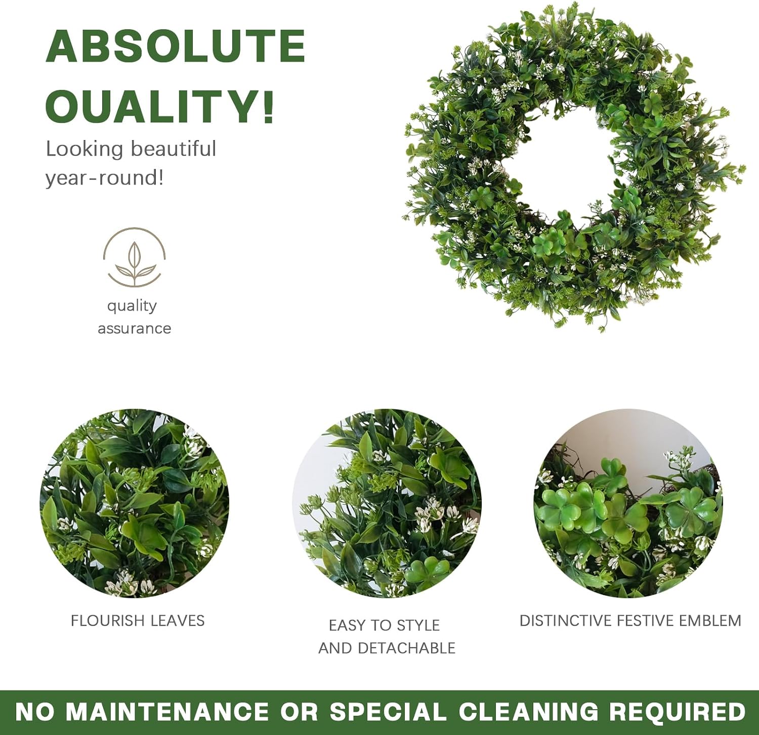 TEMPUS 20 Inch Artificial Floral Wreath for Front Door - Lucky Shamrock Clover with Spring Summer Flowers, Greenery Farmhouse Decor for Porch Wall Window, Year-Round Indoor Outdoor Home Decoration