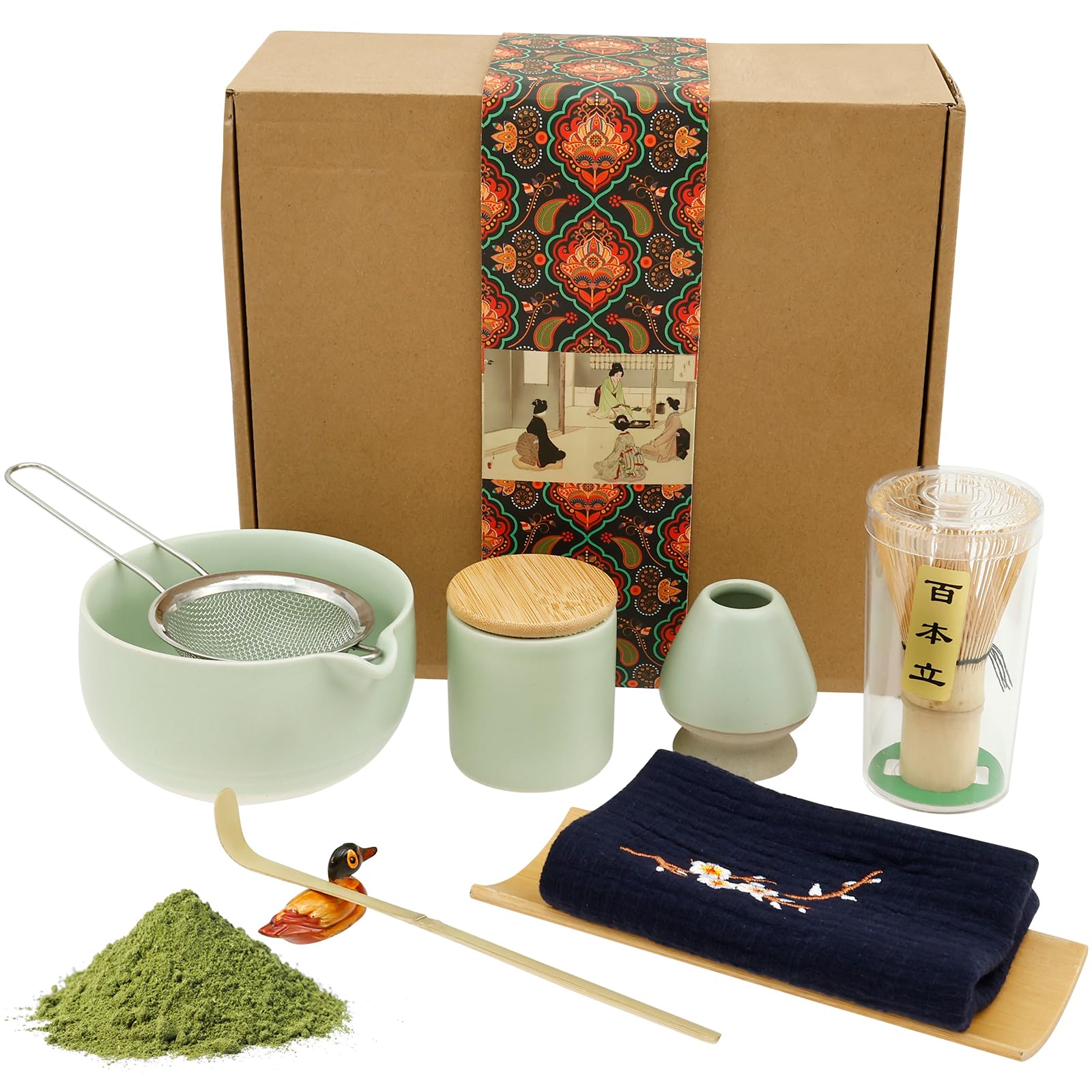 Matcha Set, 9 Stück Schneebesen Set Teelöffel Besenhalter Löffelhalter Schüssel Küchenhandtuch Sieb und Pulverbox Japanisches Matcha-Zeremonie-Zubehör (9 Zoll)