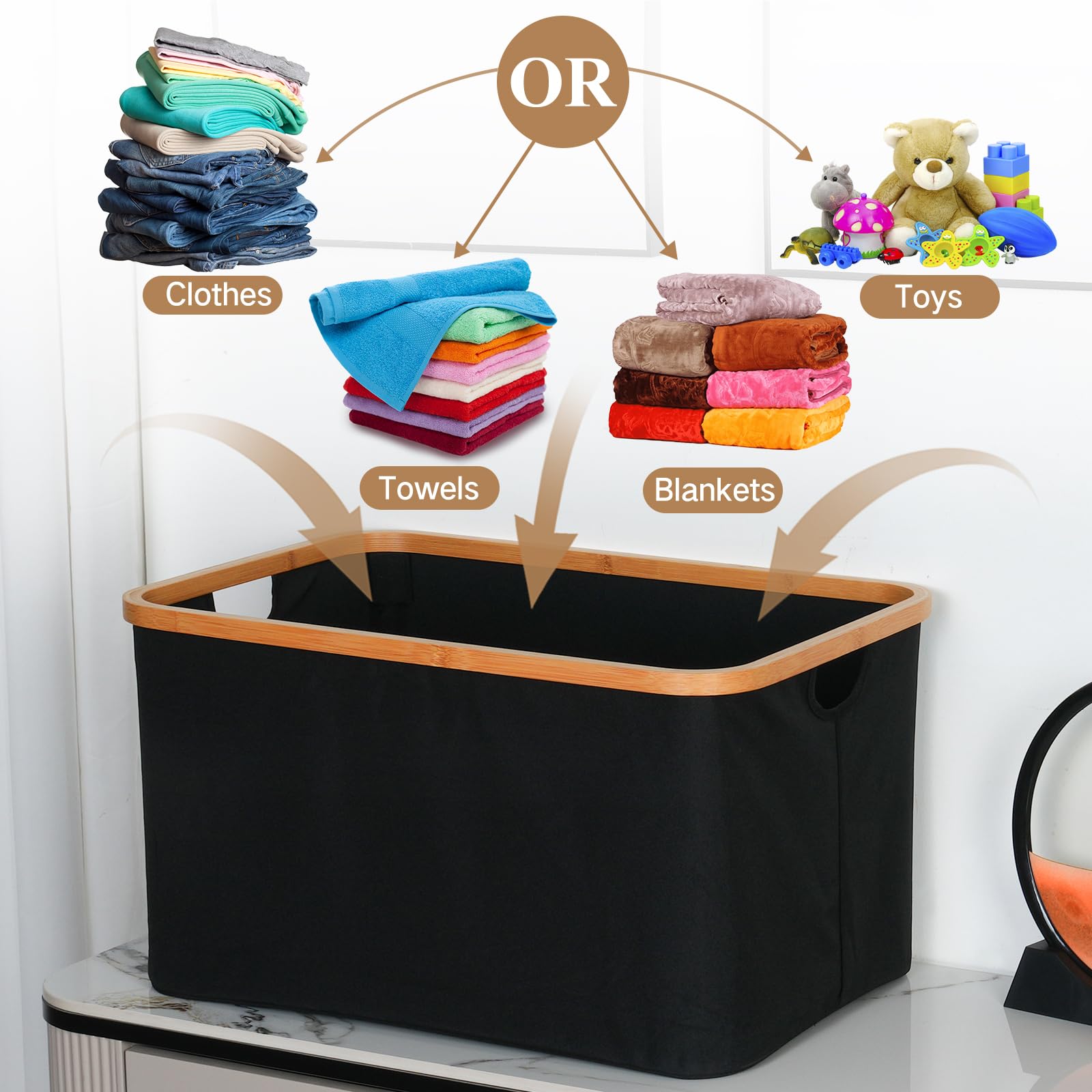 efluky Panier à Linge Pliable 60L, Tissu Bambou Panier de Rangement Pliable, Rangement Panier à Linge, Laundry Baskets pour Chambre à Coucher Salle de Bain (Noir) - 3