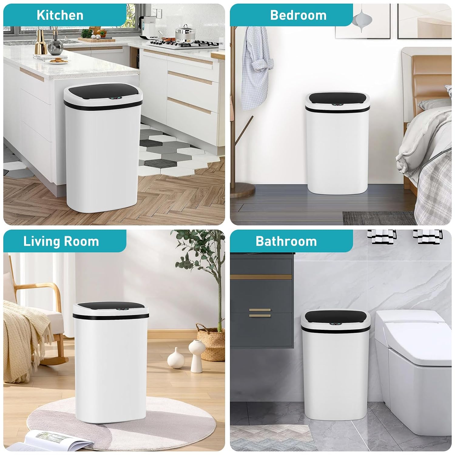 13 Gallon Automatic Kitchen Trash Can with Lid, Touchless Motion Sensor Garbage Can - Hygienic, Odor Control, Waterproof Waste Bin for Kitchen Bathroom Bedroom Office (50L), PP Plastic, White
