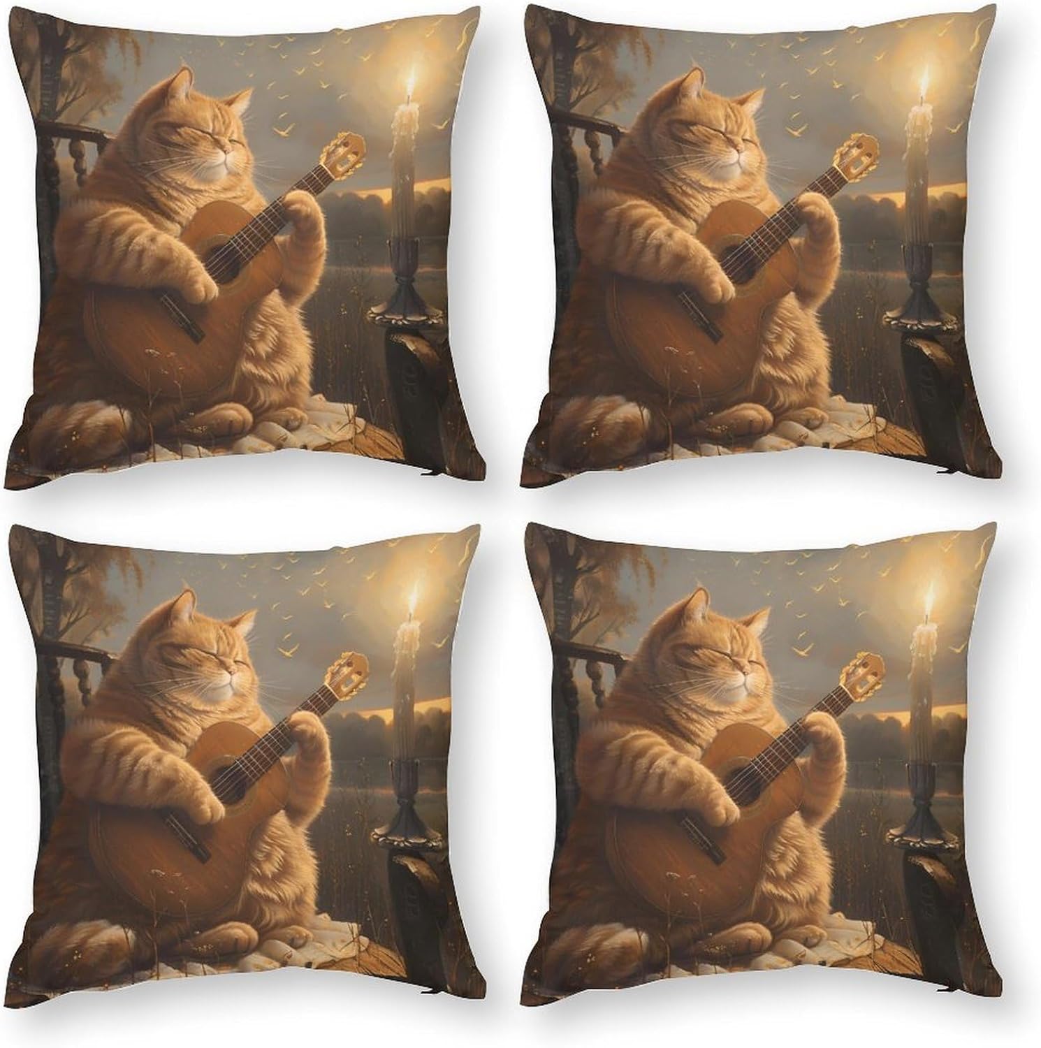 Cat Playing The Guitar Printed Throw Pillow Case 4 Pcs Soft Pillowcases Pillows Covers Sofa Bed Decor 12/14/16/17/18/20/22/24/32 Inches
