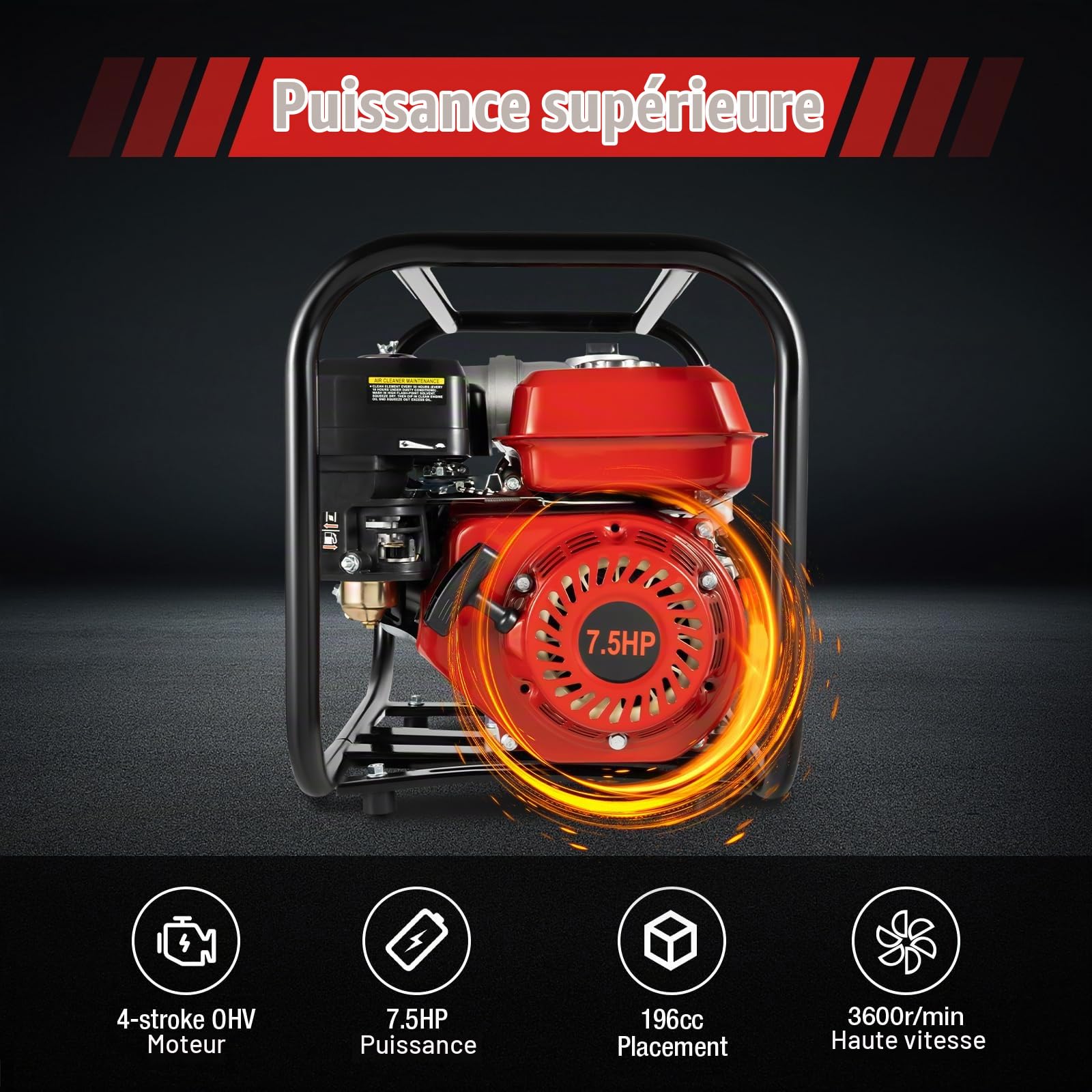 7,5 CV Pompe à Eau Thermique 4 Temps Eaux Usées Motopompe Essence | 60 m³/h, Hauteur de Refoulement 28 m, Raccord 76 mm (3"), pour Drainage, Irrigation, Lavage et Arrosage