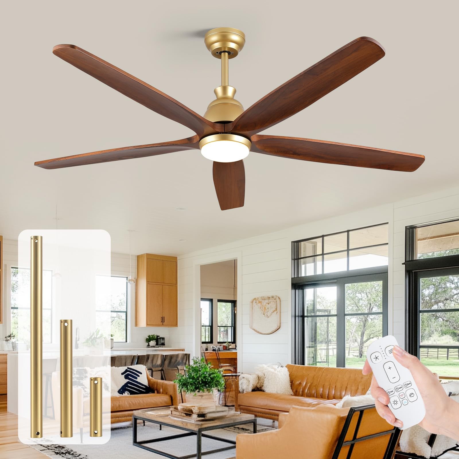 52" Ceiling Fan with Light, Outdoor Wood Ceiling Fan for Patios Waterproof, Silent DC Motor Fan Reversible High Air Flow
