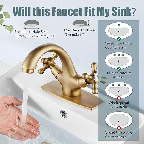 Miniatura 3 de Aolemi Grifo de lavabo de baño de un solo agujero, frío y caliente, doble mango, pomos cruzados, lavabo, lavabo, mezclador, con placa de cubierta