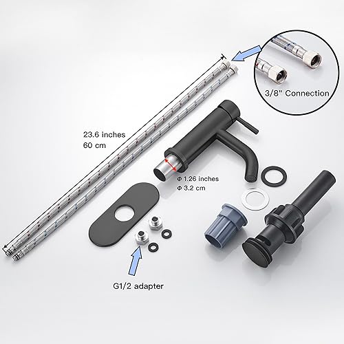 Miniatura 6 de Grifo de lavabo de baño de un solo agujero, negro mate, moderno grifo de baño de una sola manija comercial de acero inoxidable con drenaje