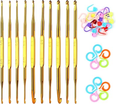 40 Pcs Double End Crochet Hook Set, Include 10 Pcs Golden Aluminum Crochet Needles, 10 PCS Knitting Crochet Markers Ring, 20 PCS Knitting Stitch Markers for Craft DIY