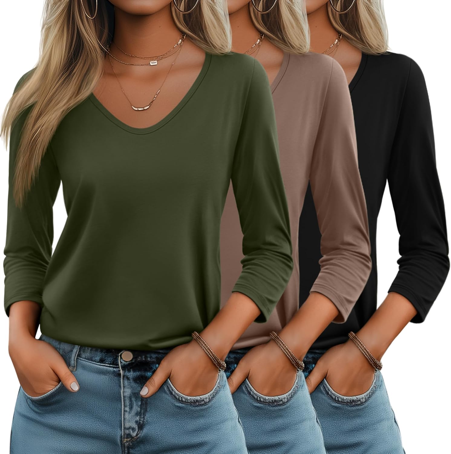 Huukeay 3 Pack Women’s 3/4 Sleeve T-Shirts, V Neck Casual Tops Loose Fit Tunic Basic Tees 3/4 Length Sleeve Soft Blouses