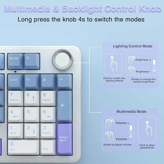 AULA F99 Pro Wireless Gaming Keyboard,Tri-mode Mechanical Keyboard Wireless with Control Knob,Side Engraved,RGB Backlight,Pre-lubed Linear Switches,Hot Swappable Custom Keyboards (Blue&purple)