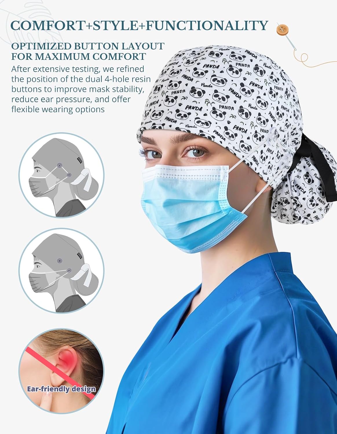 Scrub Caps Women Ponytail, Surgical Hat with Buttons and Sweatband