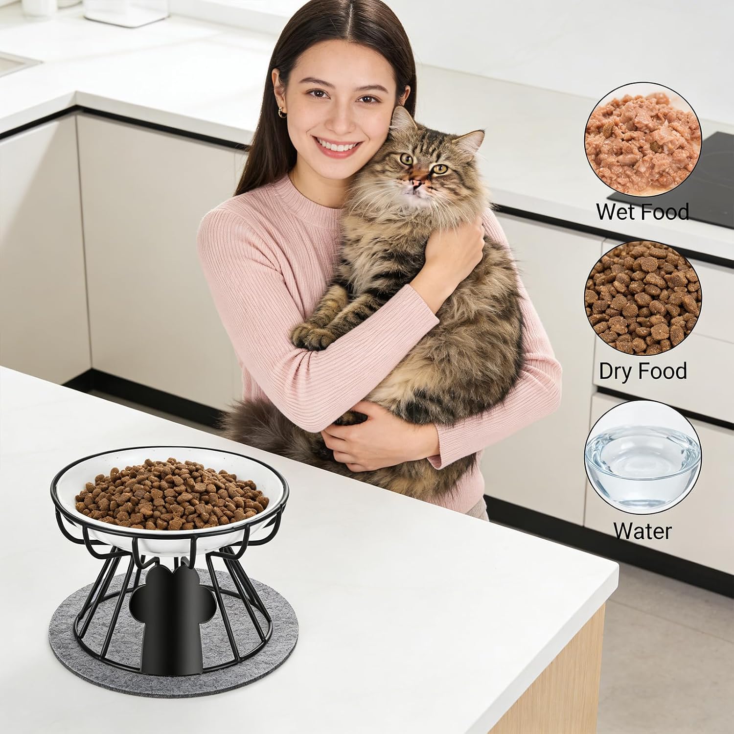 Shallow Cat Dishes with Metal Stand,Elevated Cat Bowl,Ceramic Cat Bowls,Raised Cat Food Bowls,Pet Feeder for Indoor Cats,Kitten and Small Dogs, Dishwasher Safe