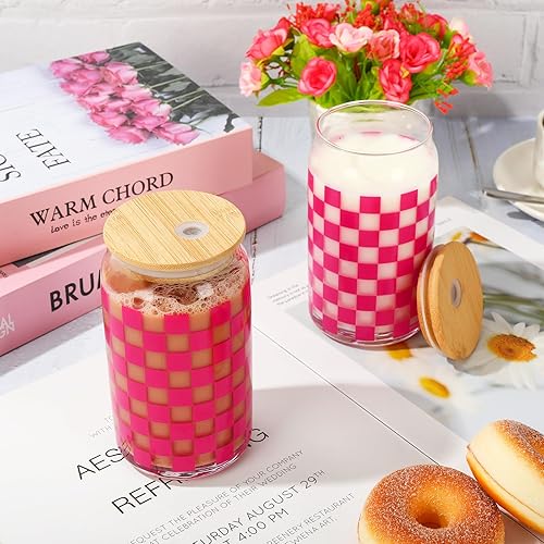 Miniatura 4 de Whaline Paquete de 2 vasos a cuadros de 16 onzas, vasos a cuadros rosados, taza de café helado a cuadros con tapa de bambú, popote de vidrio para