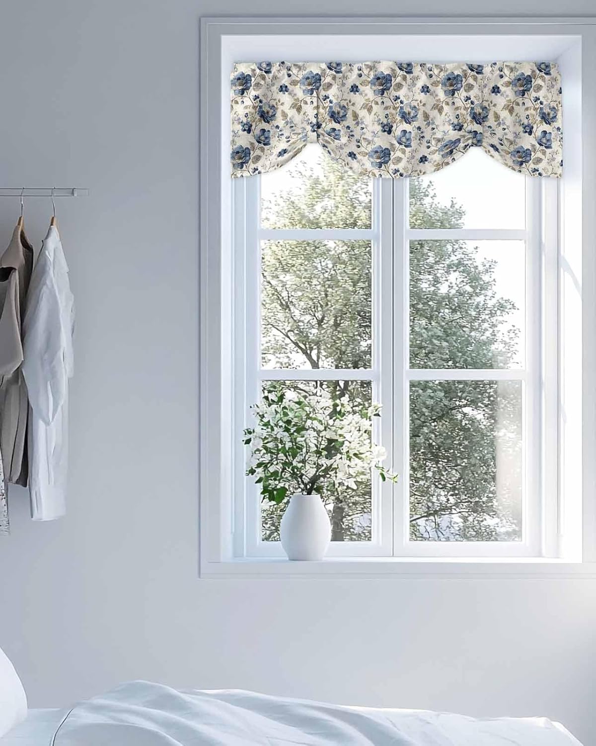 Blue Gray Spring Floral Tie Up Valance Curtains for Windows, Kitchen Curtains Window Shades, Vintage Botanical Leaf Farmhouse Light Filtering Roman Curtain Valances for Bedroom/Bathroom/Cafe 60''x18''