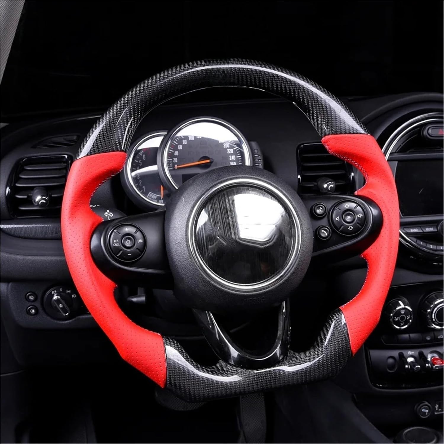 Carbon Fiber Steering Wheel Leather Customized Compatible With MINI Cooper F R Series Clubman F60 Interior Accessories F56(Carbon fiber red)