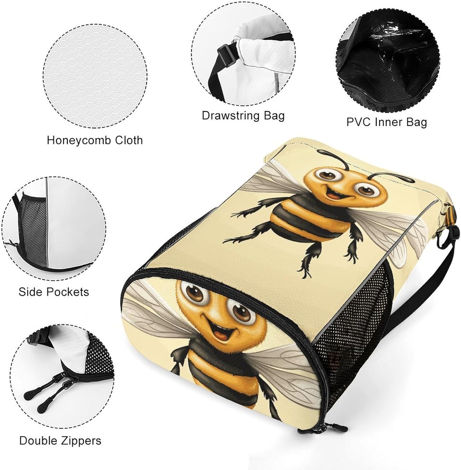 Drawstring Backpack Bags Honey Bee Gym Backpack with Shoe Compartment for Women Men Cinch Sack Sports Backpack with Mesh Pockets