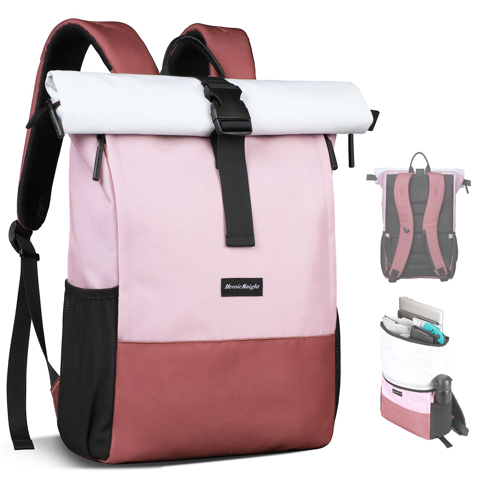 hk Sac à Dos Roll Top Femme pour Ordinateur Portable 15,6 Pouces Léger | Port USB imperméable grande capacité pour travail université voyage randonnée camping