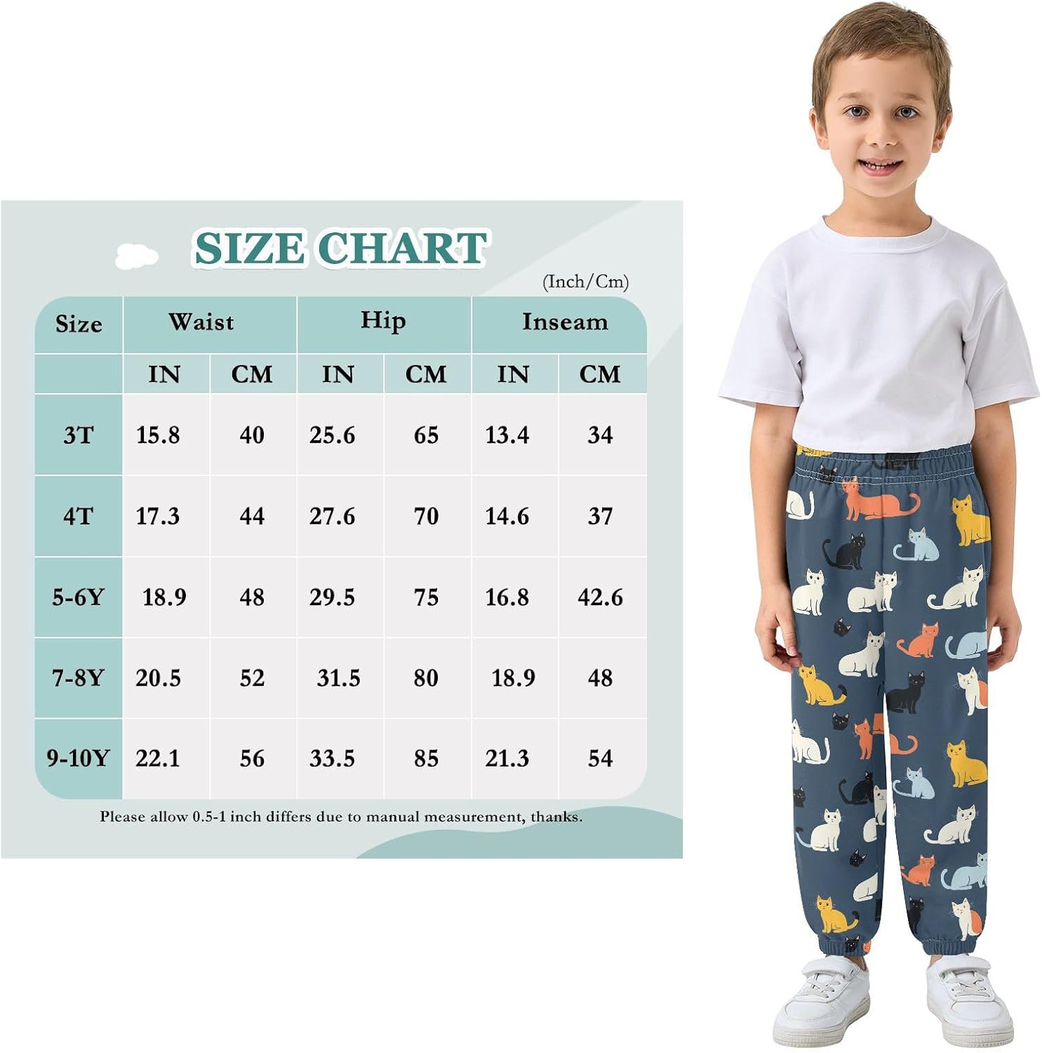 Boy Sweatpants Funny Cat Animal Joggers Casual Athletic Pants Kids Elastic Waist Cuffed with Pockets