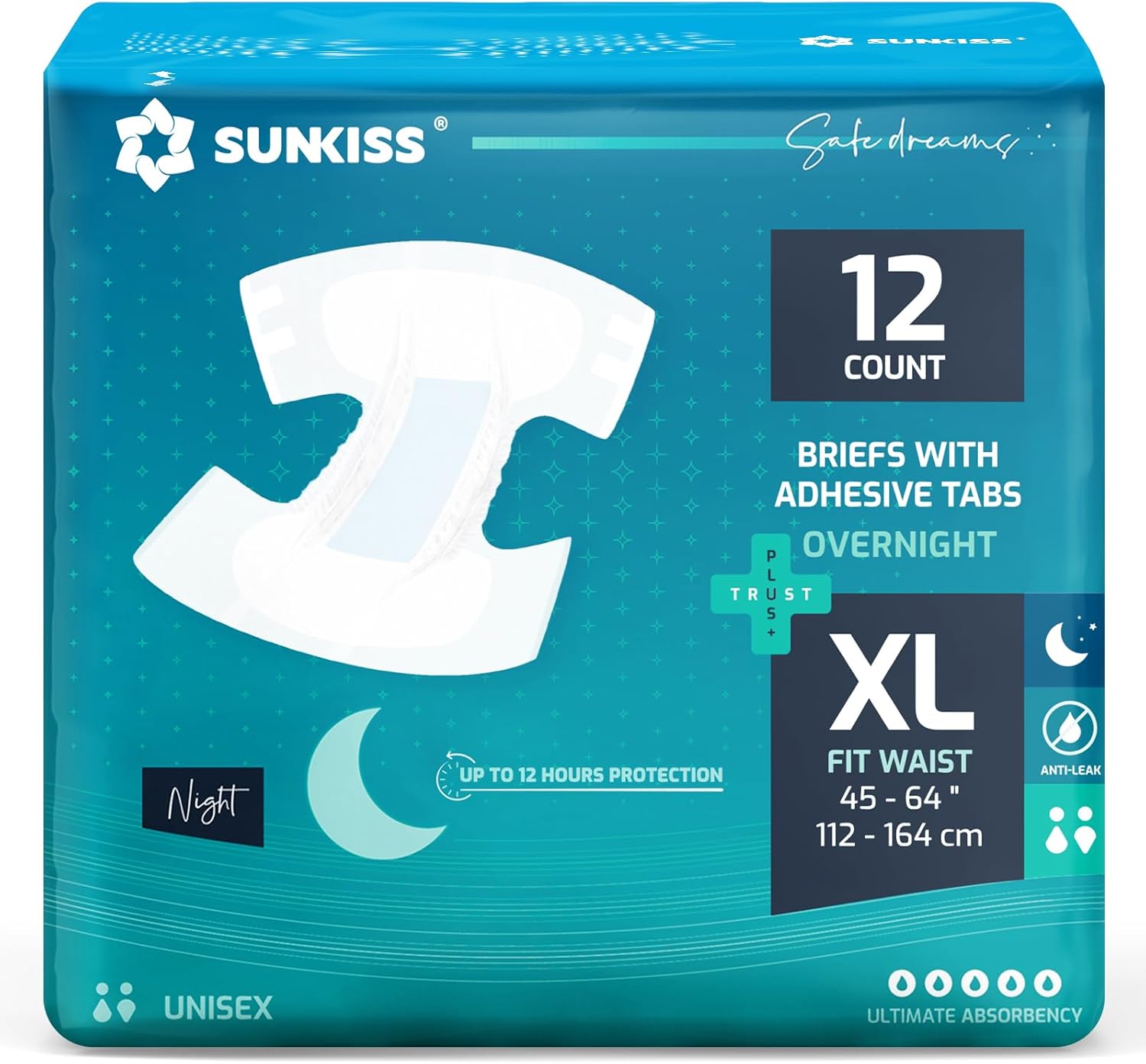 SUNKISS TrustPlus Overnight Adult Diapers with Ultimate Absorbency, Unisex Disposable Incontinence Briefs with Tabs for Men and Women, Odor Control, XLarge, 12 Count