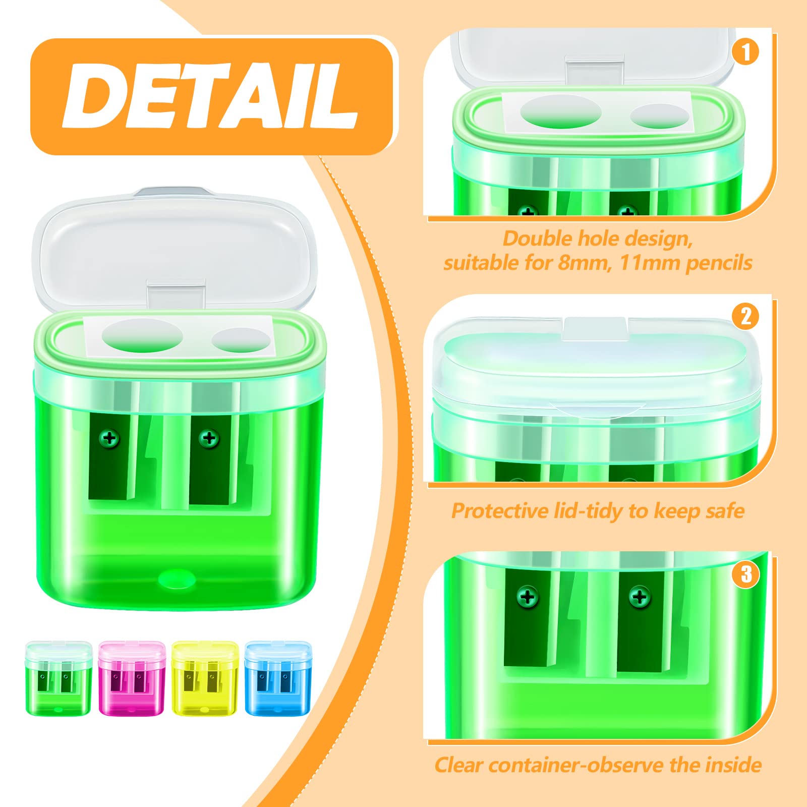 Geosar 300-Pack Dual Hole Pencil Sharpeners - Handheld With Lid, 4 Colors, Bulk Classroom & Office Supplies