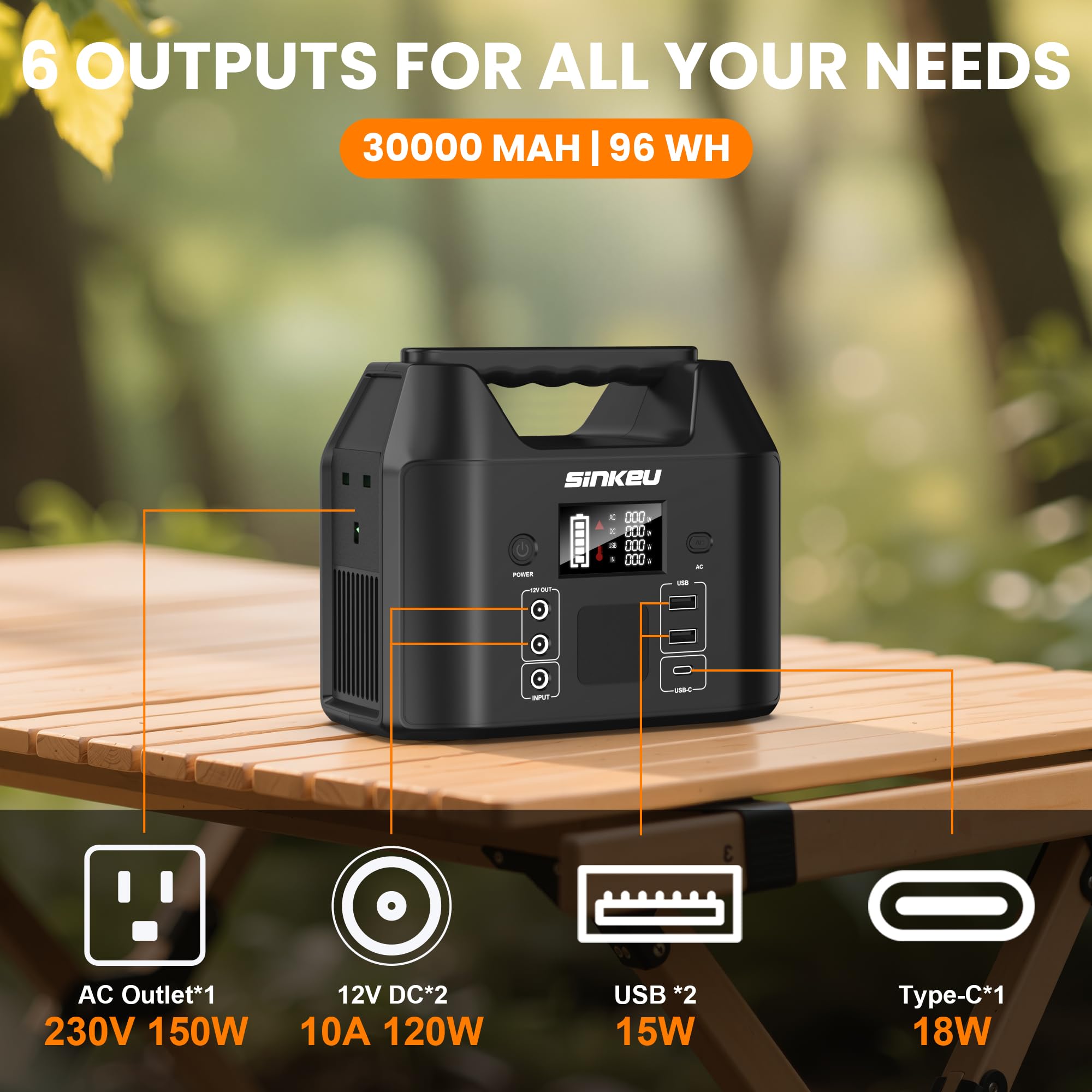 SinKeu 96Wh Portable Power Station with Solar Panel 40W, 30000mAh LiFePO4 Battery Solar Generator has 230V 150W AC Outlet/12V DC/USB, Backup Power for Camping Picnics Garden & Home Emergency — view 2