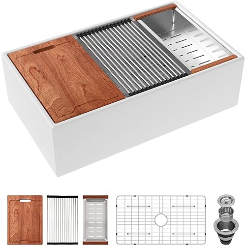 Sarlai 33 White Farmhouse Kitchen Sink - 33x20 Inch White Farm Sink Workstation Undermount Kitchen Sinks Apron Front Ceramic Porcelain Fireclay Single Bowl Farmer Sinks Basin