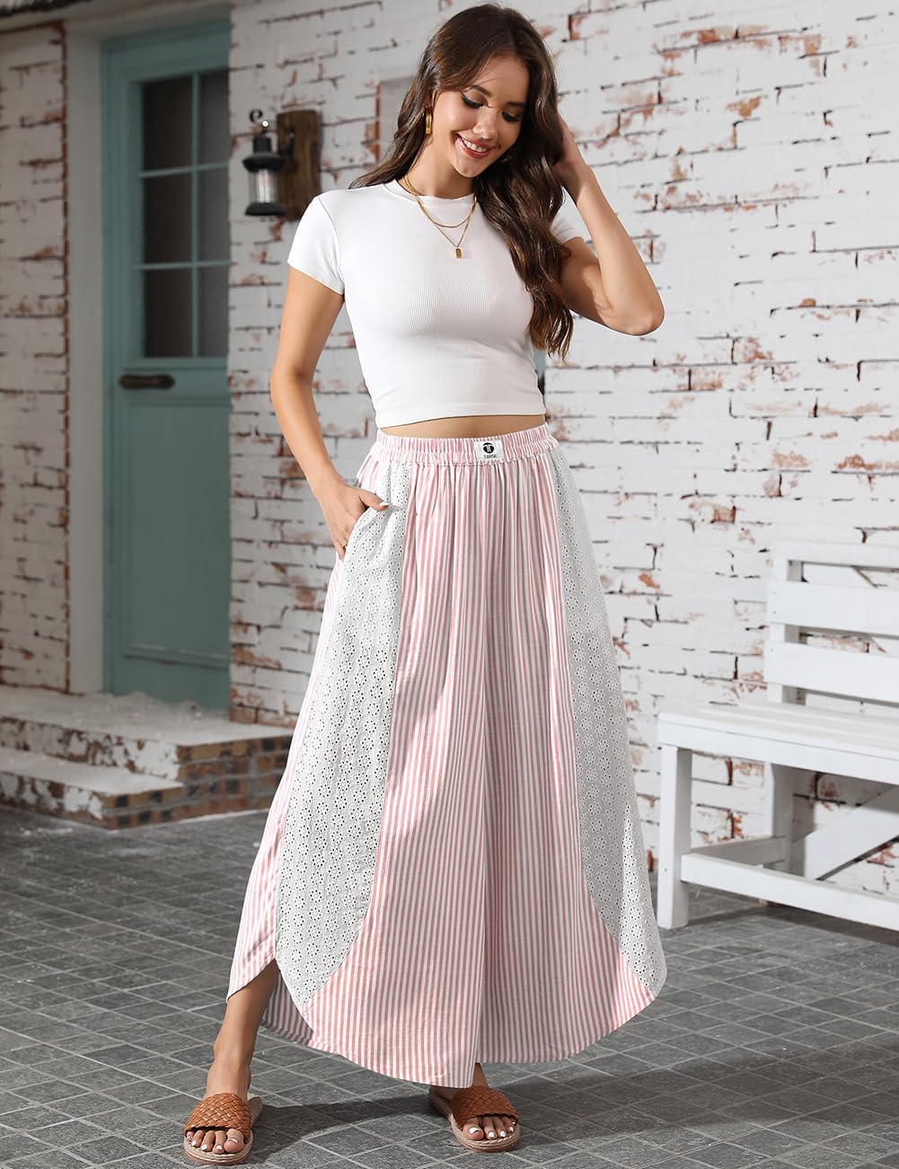 TARSE Womens Wide Leg Striped Boho Palazzo Pants with Lace Panel Summer Loose Elastic Waist Beach Vacation Lounge Pants - Image 2