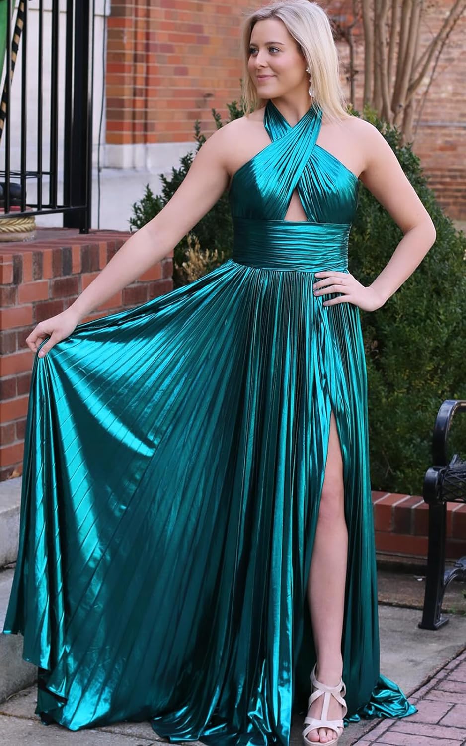 Women Metallic Satin Prom Dress Sparkly Halter Evening Dress for Teens A Line Long Ball Gown with Slit UG031