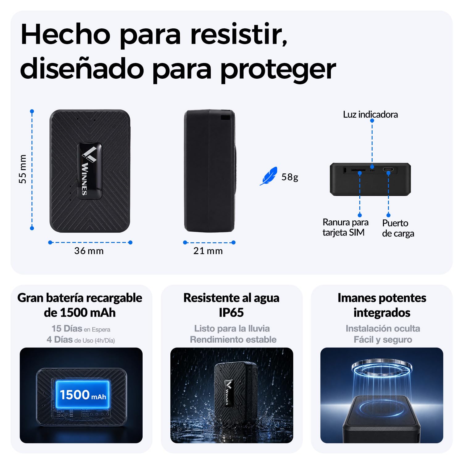 Zeerkeer Localizador GPS para Coche，Mini GPS Localizador para Coches, Moto, Bicicletas, Niños，1500 mAh Seguimiento en Tiempo Real，Tiempo de Espera 25 Días，con Aplicación Gratuita Manual Español（TK913） | 1500 mAh de Batería, IP65 Impermeable, 58 g, Histori