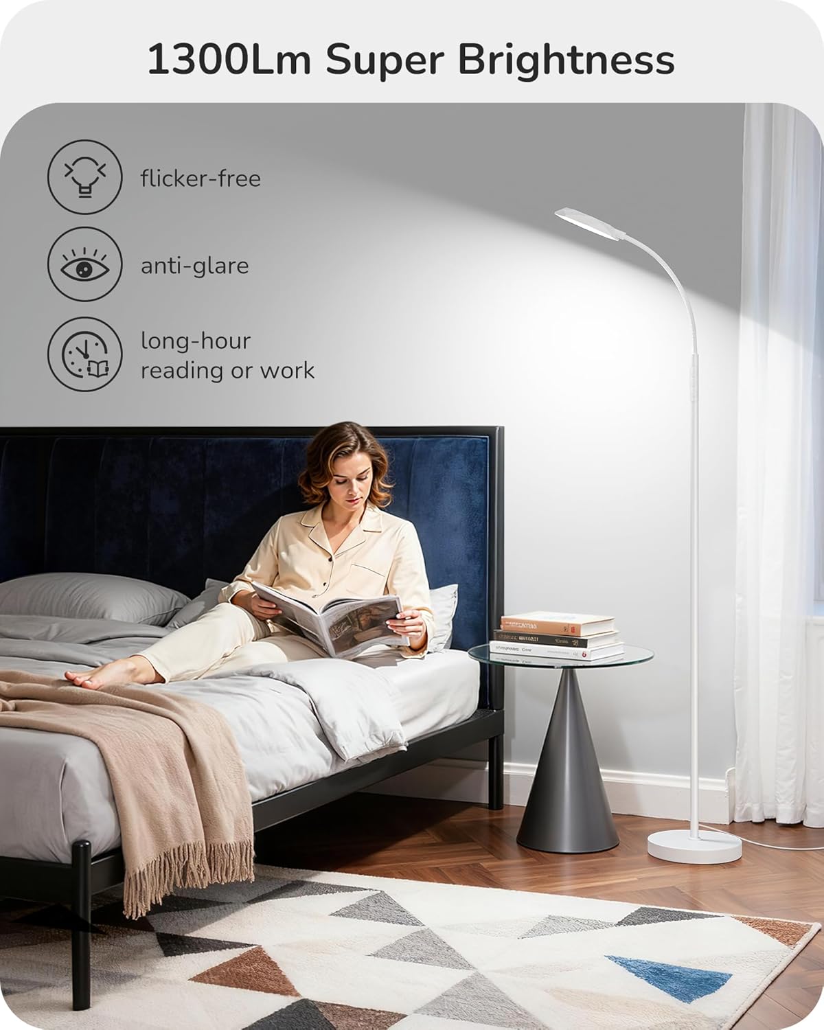 EDISHINE Gooseneck Floor Lamp, 1300LM LED Floor Lamps for Living Room, 4CCT Color Temperature Dimmable Standing Lamp, Remote & Touch Control, 30/60Min Timer Reading Light for Bedroom Office White