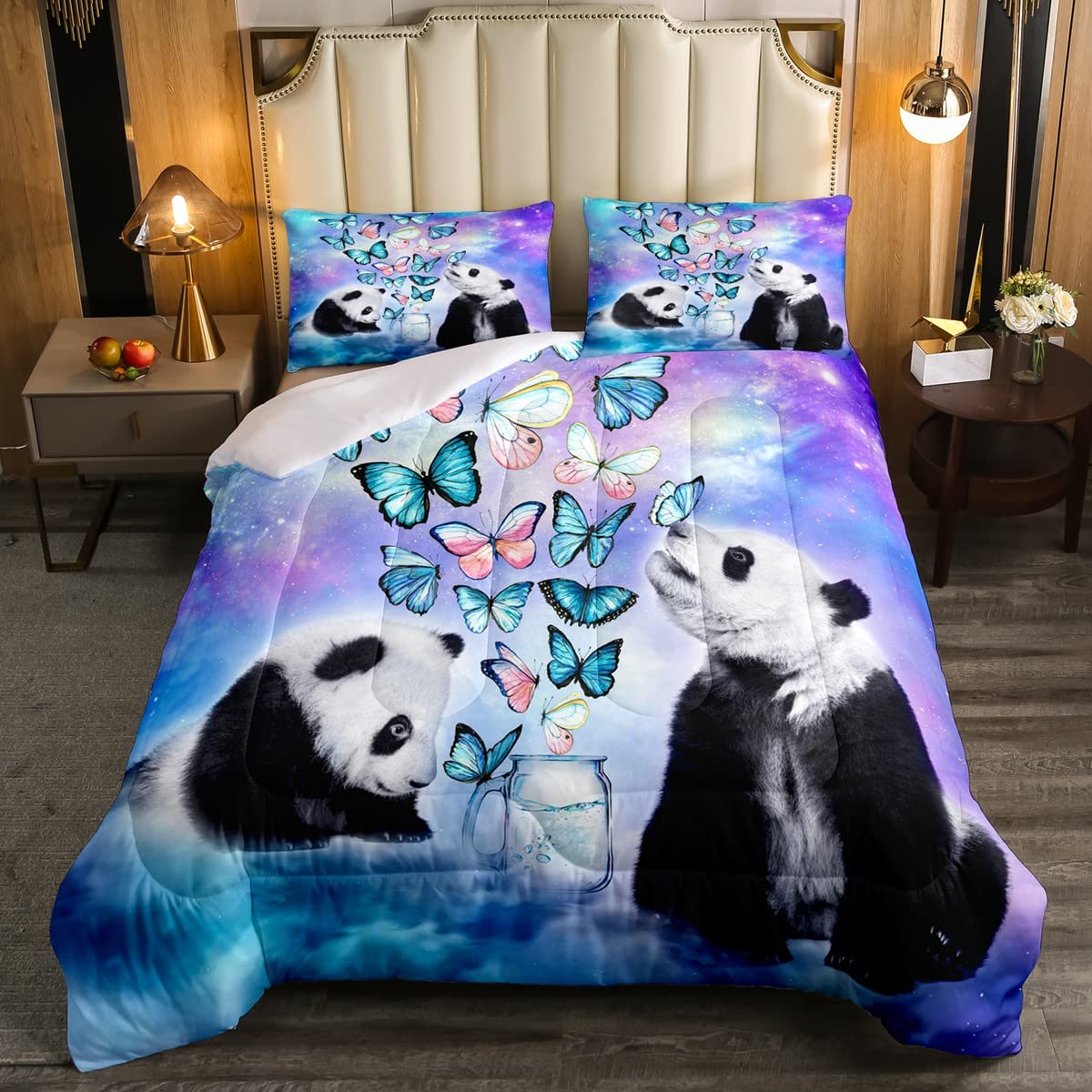 Cute Panda Cartoon Panda Bear for All Season Galaxy Butterflies Bedding Set For Kids Adults Lovely Animals Duvet Insert Ultra Soft Purple Blue King Size