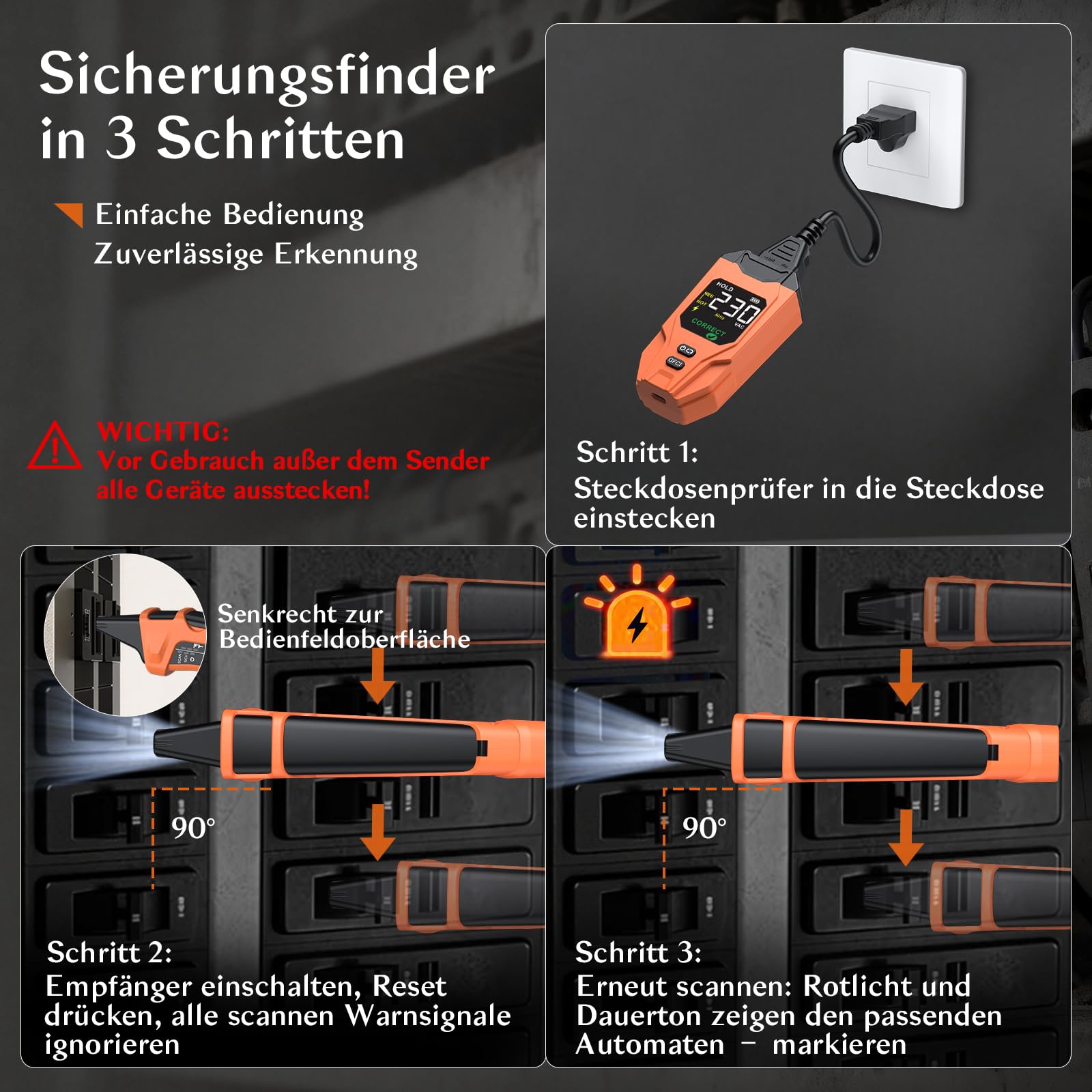 Sicherungsfinder Set, Ortungsgerät Stromkreise mit Steckdosentester FI-/Verdrahtungstest, berührungsloser Spannungsprüfer mit Lampe, LCD-Display 230V NCV Phasenprüfer Leitungssuchgerät