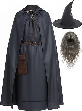 POEWAUVE Halloween Men Costume Wizard Suit Adult Grey Robe with Wig for Halloween Cosplay Party