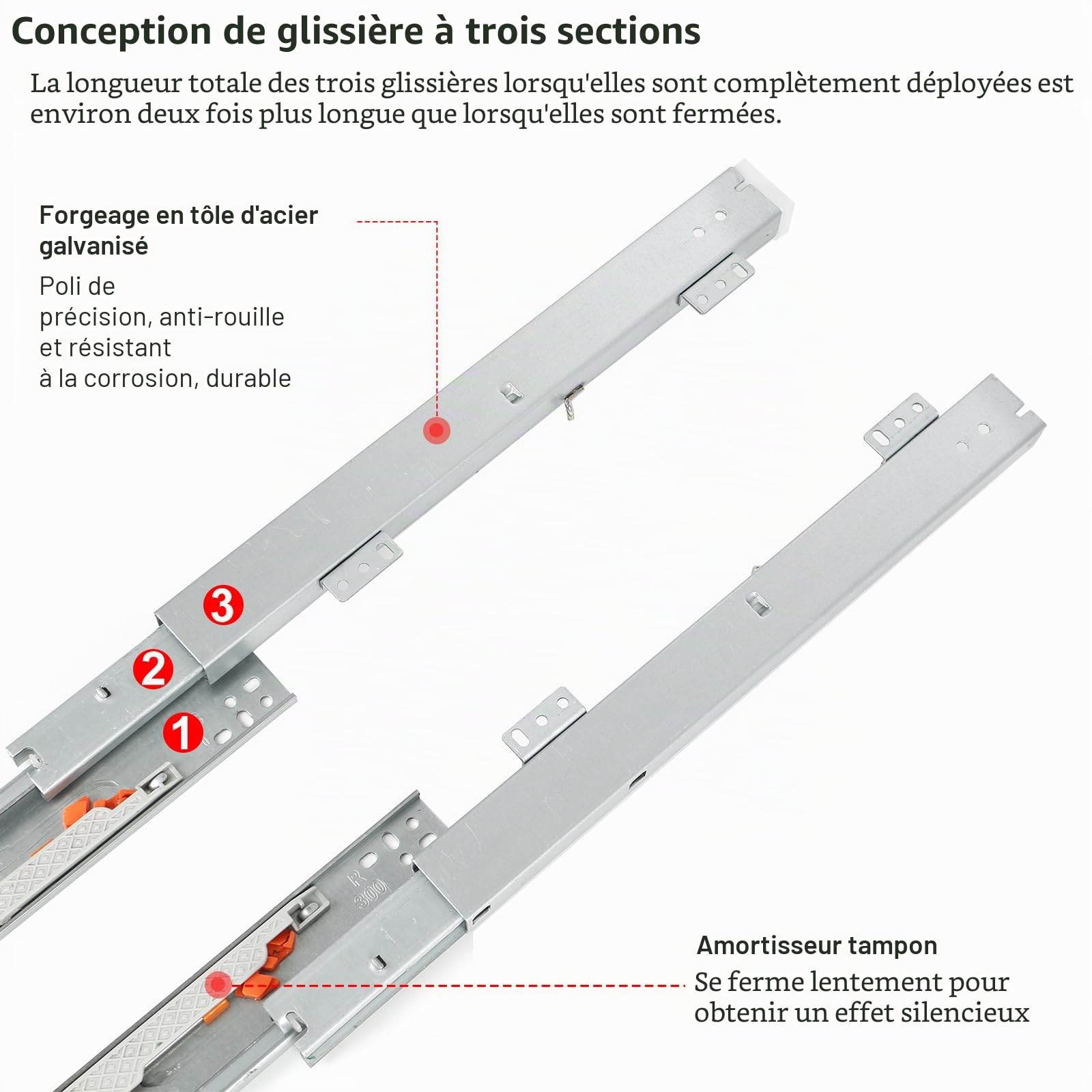 Glissière Tiroir Charge Lourde Extension complète,Glissières montées sur le fond pour tiroir Système de rails Soft-Close glissiere pour tiroir charge lourde(50 cm)
