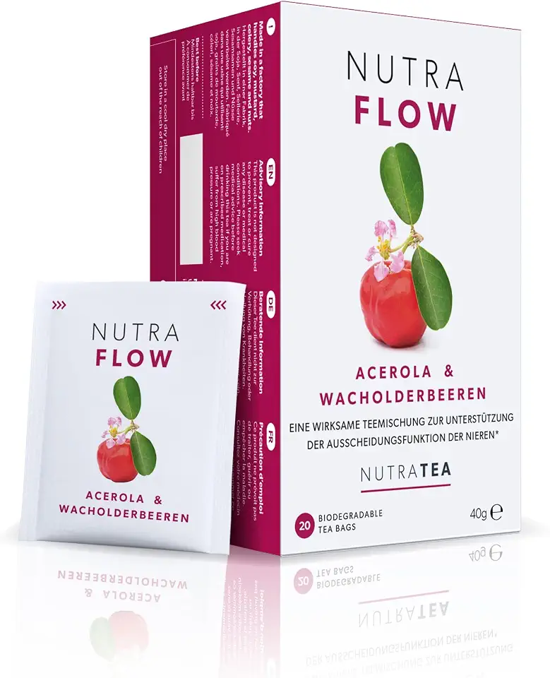 Nutra Tea NUTRAFLOW, Nieren und Blasentee zur Unterstützung bei Blasenentzündung, trägt zur Ausscheidungsfunktion der Nieren bei, 20 wiederverwendbare Teebeutel, Kräutertee mit Cranberry & Acerola