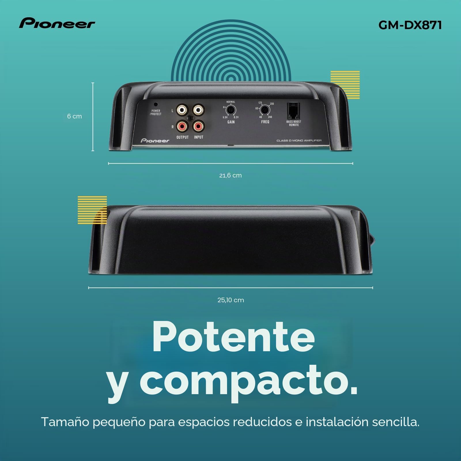 Pioneer GM-DX871 - Amplificador de potencia con 1.600 vatios, tecnología clase D, 1 canal, filtro de paso bajo variable, diseño compacto y control remoto de aumento de graves