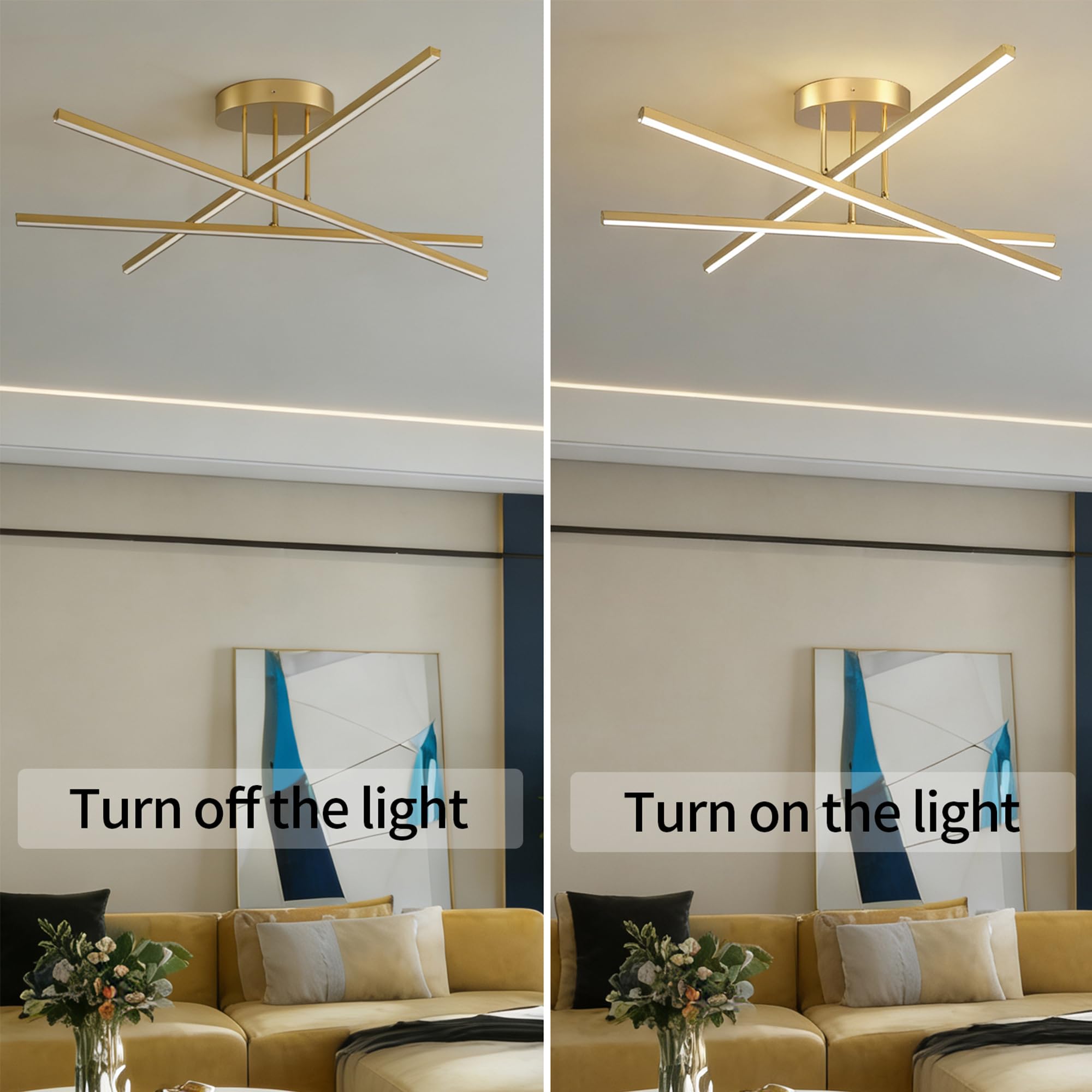 Lámpara de techo LED cruzada 60cm dorada 24W luz blanca cálida 3000K, plafón minimalista 2400lm para salón cocina comedor pasillo oficina