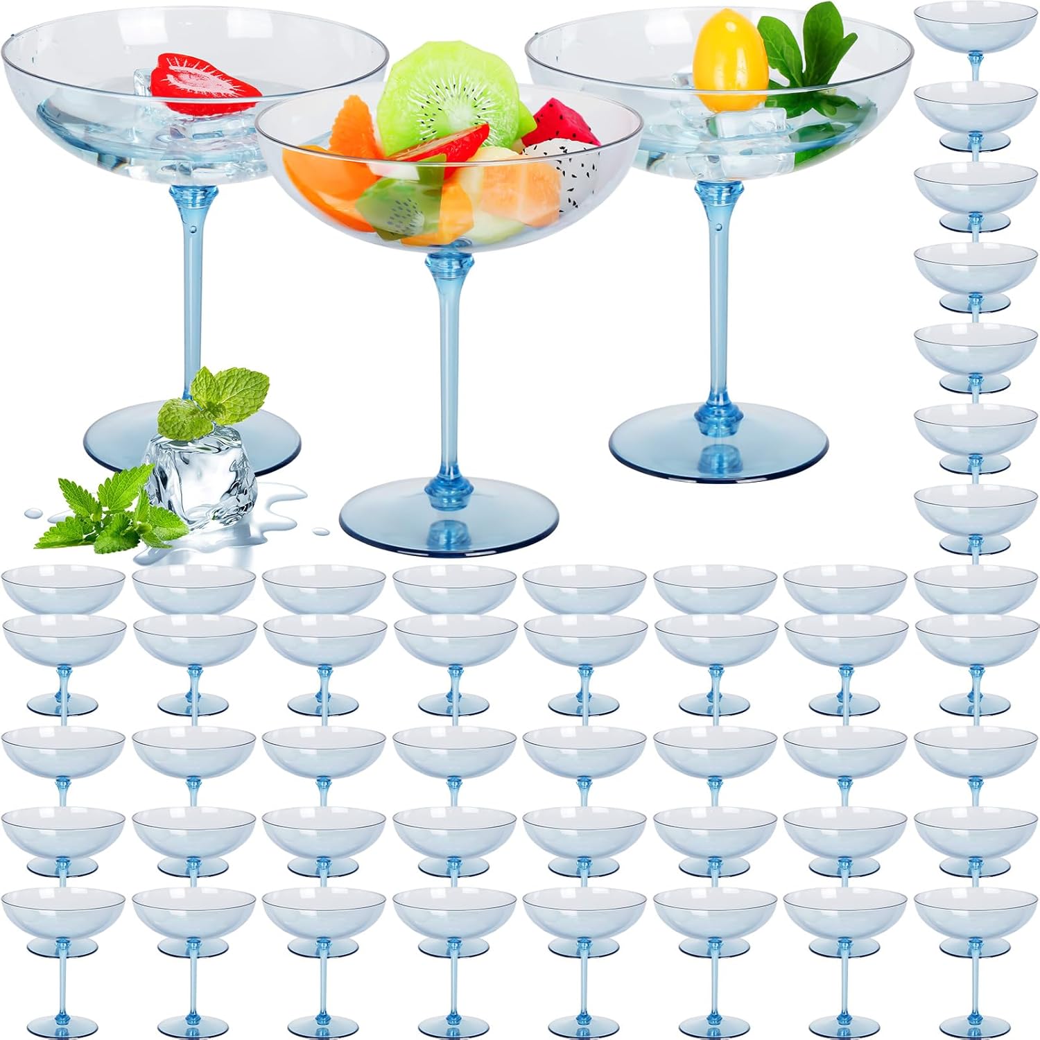 LemonRoad 48 Pcs Detachable Martini Glasses 9oz Plastic Coupe Cocktail Dessert Glassware Set for Champagne Wine Wedding Holiday Party Supplies (Blue)