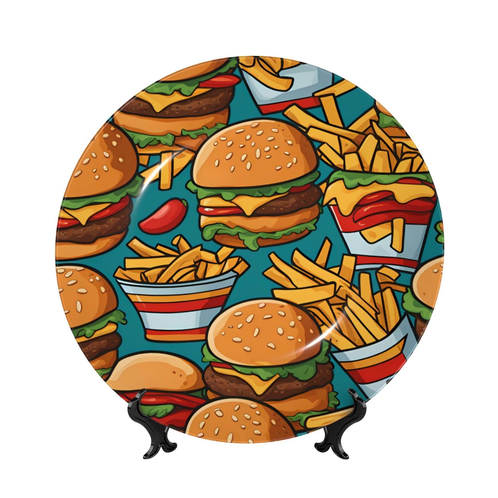 SXZVVBN cute burger fries Bone China Decorative Plate Art with Stand Removable Adhesive Hanging for Home Office 8in（20cm）