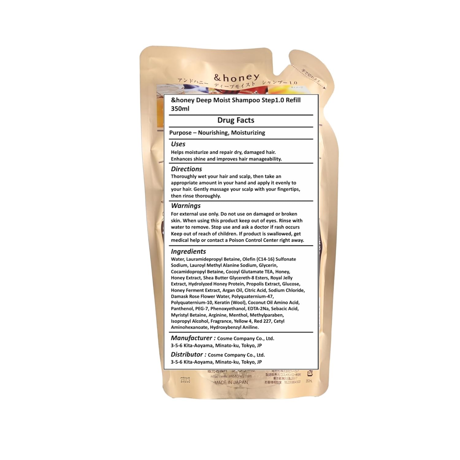 Deep Moist Shampoo Refill Pouch 350ml - Moisturizing Honey Shampoo with Argan Oil for Dry Hair - Contains Manuka, Acacia & Japanese Honeys - Sulfate & Paraben-Free - Eco-Friendly Option