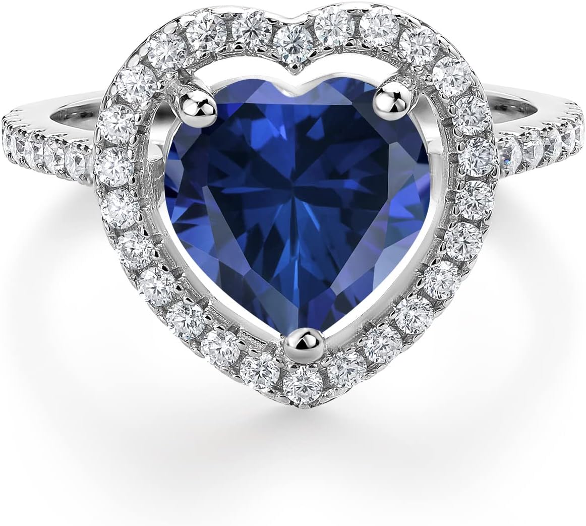 Gem Stone King 10MM Heart Shape Gemstone Birthstone and Moissanite Halo Engagement Ring for Women | 925 Sterling Silver | Wedding Anniversary Promise Ring | Size 5-9