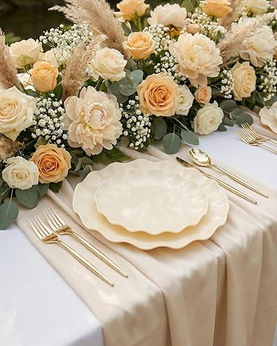 Miniatura 6 de LIYH - 24 platos de plástico reutilizables, platos irrompibles, platos de plástico festoneados, aptos para lavavajillas, juegos de platos de marfil,