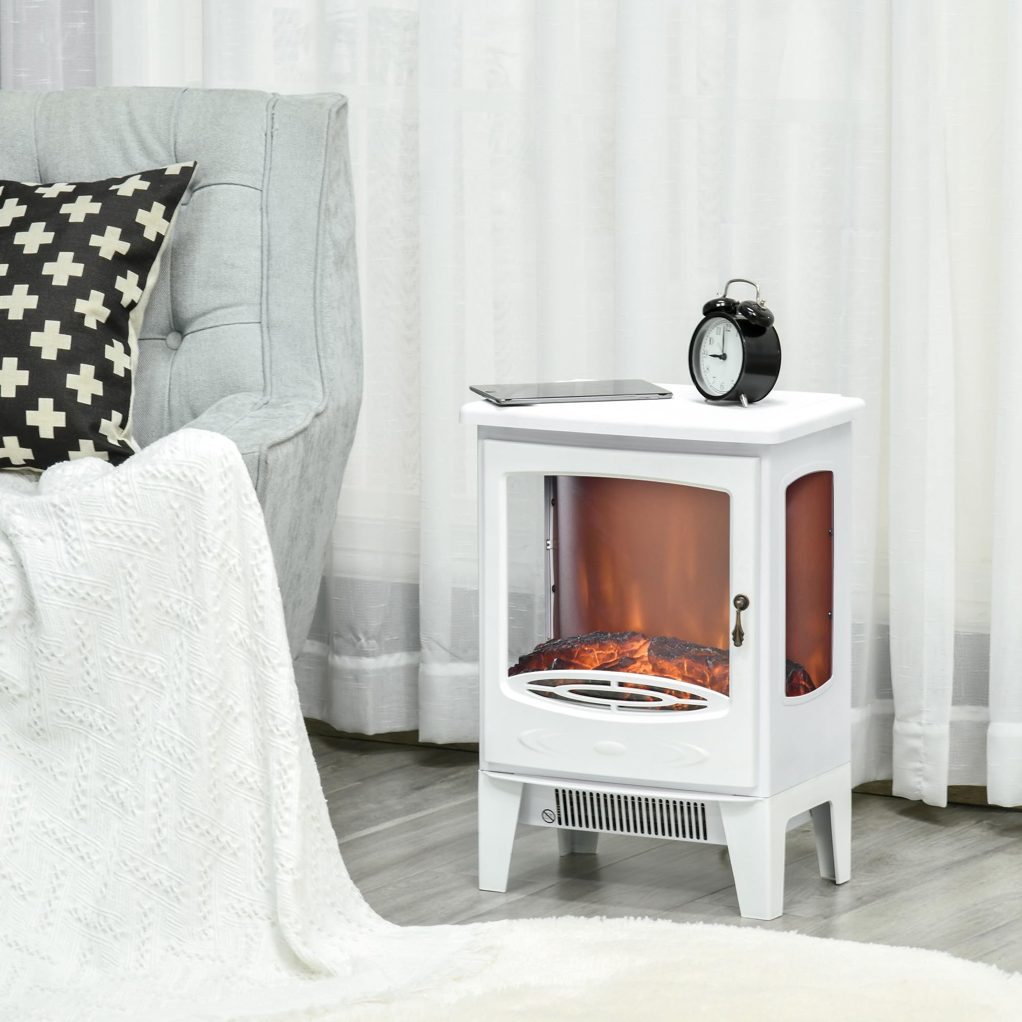 HOMCOM Chimenea Eléctrica 900W/1800W Decorativa de Pie con Ventanas Efecto Llama Temperatura Ajustable Protección Sobrecalentamiento 20-25㎡ Blanco