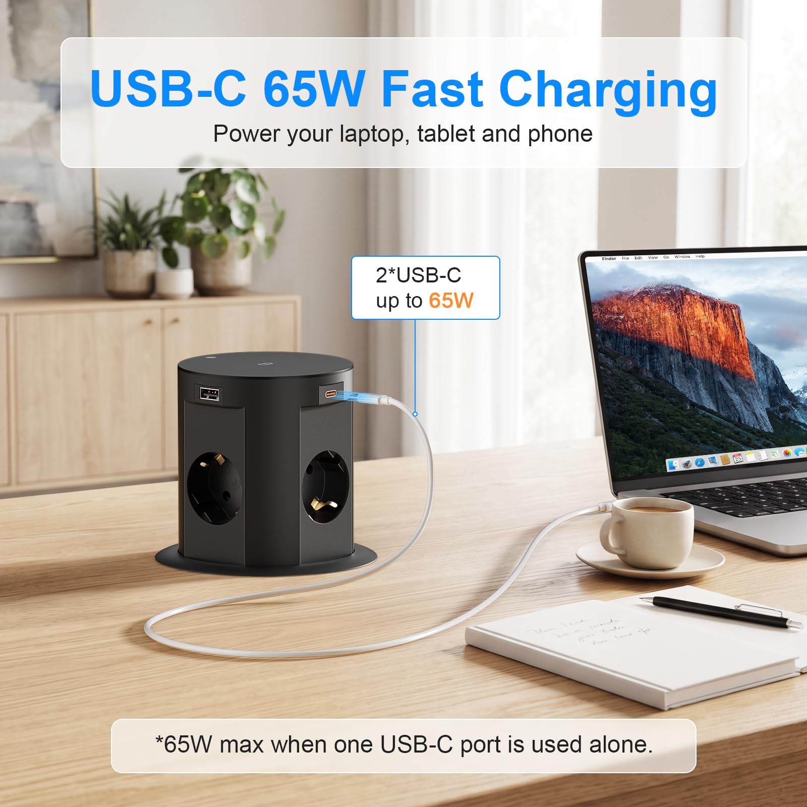 Versenkbare Steckdose mit 2X USB-C bis 65 W, 4-Fach, 15 W Qi-Laden