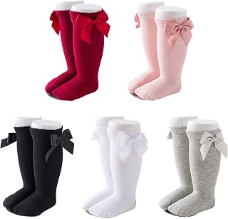 Baby Girls Knee High Socks Bow Tube Ruffled Cotton Long Stockings | 5 Pairs, Seamless, Knit Cotton, Leg Warmers for Newborn Infants and Toddlers