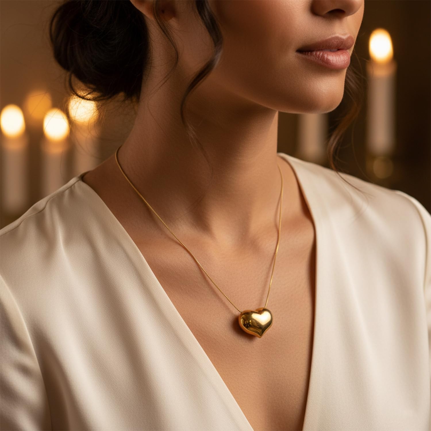 Dainty 14K Gold Plated Puffy Heart Necklace for Women - Simple Minimalist Gold Heart Pendant with Snake Chain - Everyday Layering Jewelry Gift - Image 3